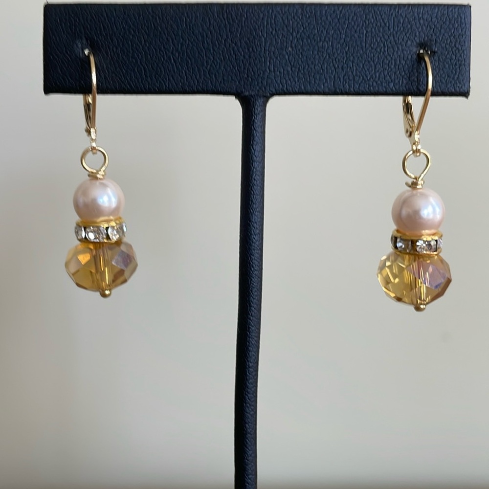 HAND CRAFTED EARRINGS Pale Pink Glass Pearls AB Gold Colored Crystals